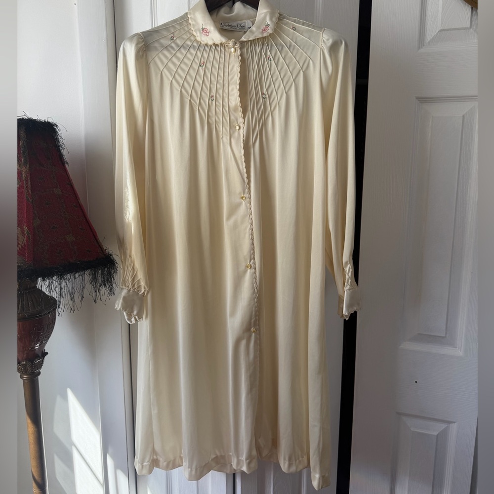 Christian Dior Cream Long-Sleeve Nightgown with Pintuck Yoke